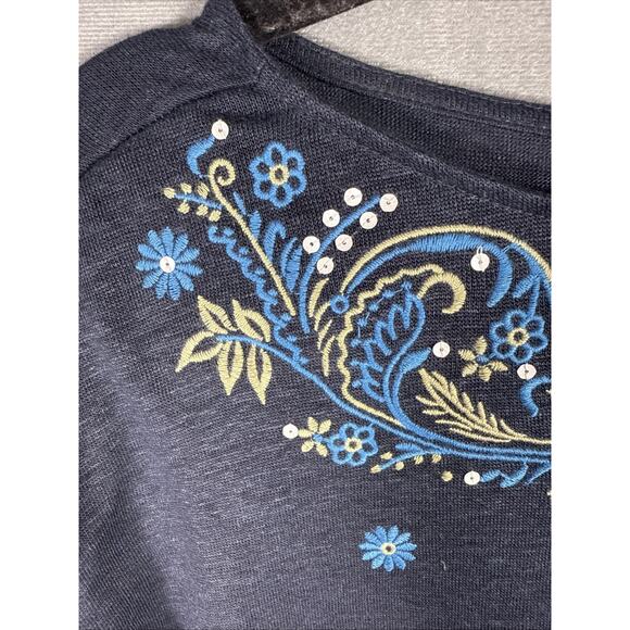 J Jill Love Linen Top Large Blue Floral Embroidered Short Sleeve‎ Tunic Shirt - Picture 6 of 8